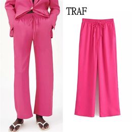 TRAF Za Woman Pants y2k Rose Red Elastic High Waisted Trousers Suits Women Summer Chic Loose Pocket Straight 210915