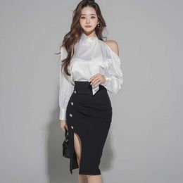 Autumn Women Sets Korean Style Bow Long sleeve white Shirt +High waist bodycon pencil Skirt office OL Suits 210529