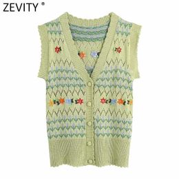 Zevity Women Fashion V Neck Floral Embroidery Hollow Out Crochet Knitted Sweater Female Chic Sleeveless Cardigan Vest Tops SW833 210603
