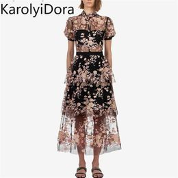 Self portrait Runway Desigher dress Embroidery Sequined Flower Mesh Dress Summer Women High Waist Party Long 210520