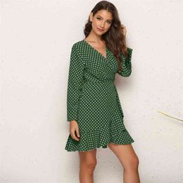 vintage polka dot wrap short dress women autumn winter black ruffle casual plus size beach vestidos 210427