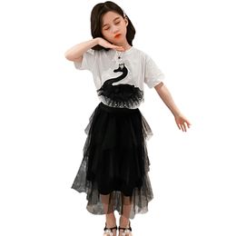 Girls Clothes Tshirt + Mesh Dress Teenage Clothing Pearls Tracksuit Appliques Children's Costume 6 8 10 12 14 210527