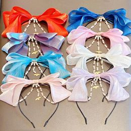 Girls Cute Chiffon Big Bow Forehead Pearls Chain Hairbands Kids Sweet Hair Ornament Headband Fashion Hair Accessories