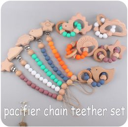 INS baby Safty Wooden Soothers & Teethers Cat Sun Star Shape Beads Ball Design Health Care Teething Training Infant Pacifier Anti-Drop Chain Set Over 3 Months