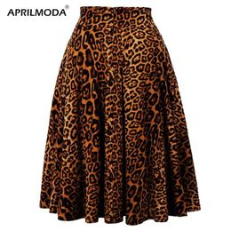 Winter Print High Waist Leopard Skirt Pleated Women Flared Runway Midi Skater 50s Cotton Swing Rockabilly Party Skirts Gothic 211120