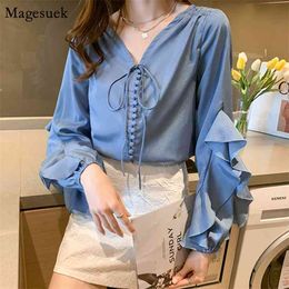Petal Sleeve Solid Women Blouse V-neck Satin Shirts Blouses Spring Loose Office Lady Casual Female Shirt Tops 13092 210512