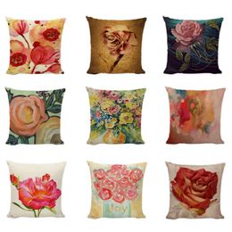 Wholesaler Creative Doodle Red Rose Pillow Cushion Cases Gold Letter Joy Vintage Pink Flowers Printed Home Decor Lumbar Support Cushion/Deco