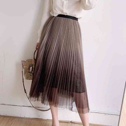 Spring Elegant Pleated Skirt Women Chic Bright Silk Design Fairy Jupe High Fashion Solid Organdy Faldas Mujer 210514