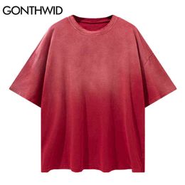 GONTHWID High Street Tshirts Streetwear Gradient Tie Dye Solid Colour Tees Shirts Harajuku Fashion Hip Hop Casual Loose Tops G1229