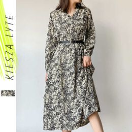 Women's Elegant Dress Boho Paisley Print With Belt V-neck Long Sleeve Midi Dresses Summer Beach Vestidos 210608