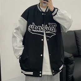 Vintage Letter Embroidery Baseball Jacket Crewneck Patchwork Bomber Jacket Streetwear Hip Hop Oversize Unisex Coat 210922