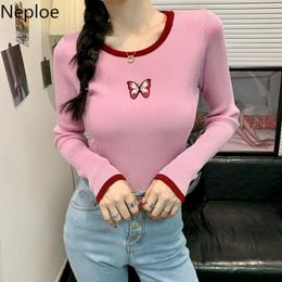 Neploe Women Pullovers Autumn Knitted Cropped Female Sweaters Butterfly Embroidery Slim Sweet Jumper Korean Fashion Tops 4G911 210422