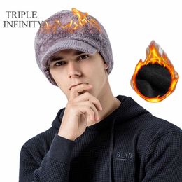 TRIPLE INFINITY Brand Men Hat Winter Thick Knitted Hats Windproof Warm Comfortable Outdoor Scarf Integrated Cycling Hat Male Cap Q0911