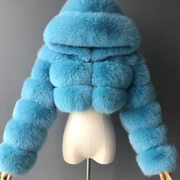 Women's Fur Faux Fur Fashion Hooded Winter Faux Fur Coat Women 2023 High Quality Warm Blue Furry Overcoat Woman Elegant Plush Cropped Jacket Ladies HKD230727