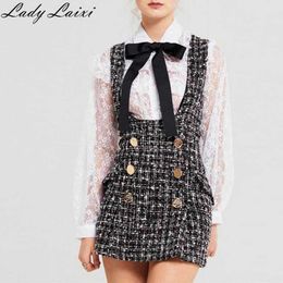 Autumn Winter 2 Piece Set Dress Women Ruffles Bow Shirt Lace Top+Plaid Sleeveless Tweed Vest Double Breasted Overalls 210529
