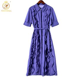 Fashion Women's Ruffled Chiffon Long Dress Robe Ladies Temperament Short-Sleeved Mid-Length Vestidos 210520