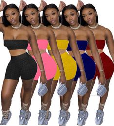 Women Summer 2 Pieces Set Yoga Tracksuits Strapless Crop Top + Shorts Solid Color Outfits Joggers Suits Casual Sportswear Gym Clothes