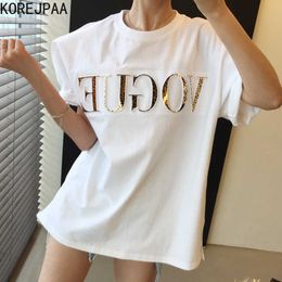 Korejpaa Women T-Shirt Summer Korean Chic Niche Age Reducing Round Neck Loose Gloss Leopard Print Letters Short-Sleeved Top 210526