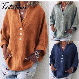 Women Tops and Bloues Summer Cotton Linen Vintage Blouses Loose Plus Size Shirt Khaki V Neck Casual for Orange4XL 5XL 210514