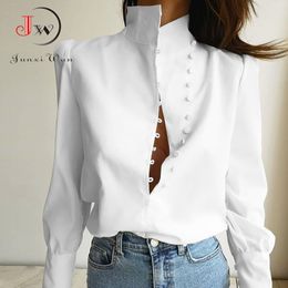 Women Turtleneck Blouse Elegant Long Sleeve White Shirt Office Ladies Tops Casual Solid Single-Breasted Puff Blusas 210510