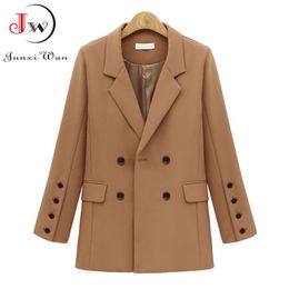 Women Blazer Solid Casual Double Breasted Office Wear Coat Jacket Long Sleeve Notched Collar Pockets Elegant Suit Outwear 210510