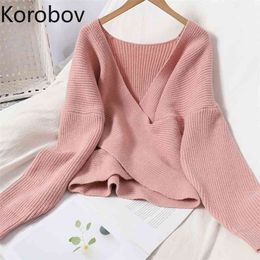 Korobov Korean Chic V Neck Long Sleeve Women Sweaters Vintage Solid Sweet Pullovers Vintage Office Lady Female Sweaters 210430