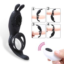 9 Speed Penis Vibrating Ring Male Rabbit Vibrator Time Delay Wireless Remote Silicone Rings Vibrator Sex Toys for Men Couple Q0320