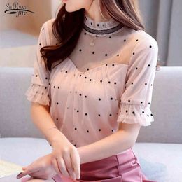 Korean Summer Tops Clothing Short Sleeve Polka Dot Blouse Women Blusas Mujer De Moda Mesh Chiffon Shirts 8852 50 210508