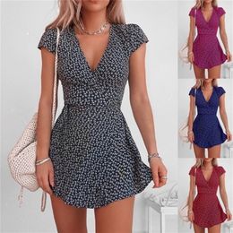 Floral Print Mini Dress for Women Short Sleeve Sexy V-neck Dresses Ladies High Waist Fashion Vestido Summer High Street 220311