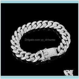 Link, Jewelrylink, Chain Fashion Men Hip Hop Luxury Bracelets 12Mm Gold Sier Colour Cuba Link Bracelet Shiny Rhinestone Jewellery Gifts Drop De