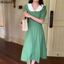 Women Dress Summer Korean Fashion Robe Peter Pan Collar Slim Waist Vestidos Vintage Pleated Temperament Dresses 210519
