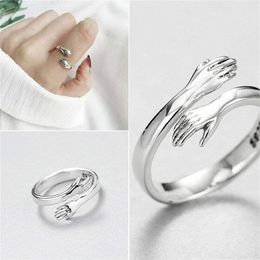 Party Favour Adjustable 925 Silver Love Hug Hands Open Ring Jewellery For Women Men Gift Hugging Sterling Give Me A