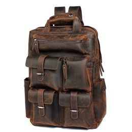 Men's Big Capacity College Student Bookbag Fashion Casual Vintage Outside Pocket Genuine Leather Backpack