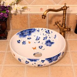 Blue And White butterfly Painting China Ceramic Art Basin Sink Counter Top Wash Basin Bathroom Sinks single bowl wash basin