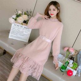Half-high Collar Dress Female Autumn And Winter Korean Lace Stitching Fashion Plush Bottoming Shirt 210427