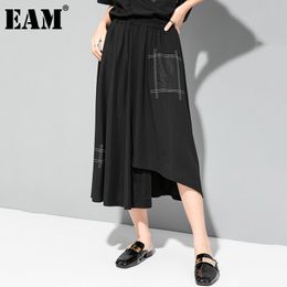 [EAM] Black Irregular Pocket Spliced High Elastic Waist Half-body Mid-Calf Skirt Women Fashion Spring Summer 1DD8090 210512