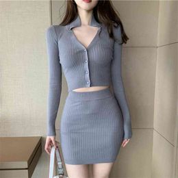 Spring Knit Women Set Long Sleeve Cardigan Crop Top And Mini Bodycon Skirt Suits Sexy Outfits Party Two Piece s 210514