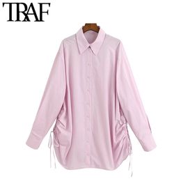 Women Fashion With Drawstring Oversized Blouses Vintage Long Sleeve Button-up Female Shirts Chic Tops 210507