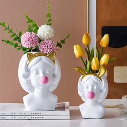 Piece Nordic Style Resin Human Face Vase Cute Girl Bubble Gum Decorative Flower Pot Succulent Flower Pot Home Tabletop Decor 211103