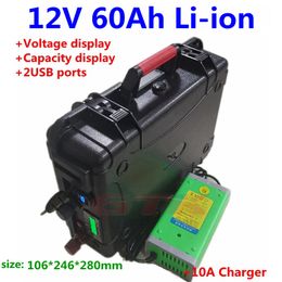 Portable 12V 60Ah 50Ah Lithium li ion battery pack 12V with BMS for trolling motor Energy Storage RV back up power+10A Charger