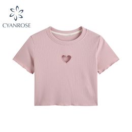 Summer College Style Women T-shirt Sexy Pure Colour Hollow-out Love Short Sleeve Tee Shirt Female Elastic Slim Crop Tops 210515