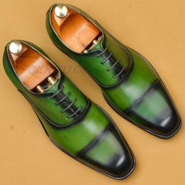 Mens Genuine Leather Dress Shoes Fashion Pointed Derby Shoe Male Wedding Wear Formal Tuxedo Flats Men Oxford Shoe Black Green
