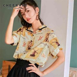 Summer Print Vintage Blouse Women Tops Short Sleeve Collared Button Up Shirt Designer Fashion Blouses 210427