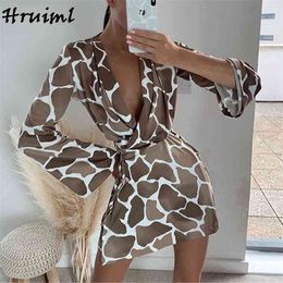 Sexy Dress Women Fashion Print Long Sleeve V Neck Vintage High Waist Mini Autumn Elegant Bodycon Bandage 210513