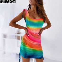 Colourful Dress Women Summer Fashion Tie Dye Sleeveless Drawstring Female Mini Pleated Sexy Club Sundress Vestidos 210520