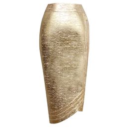 Women Pencil Bodycon Skirts Autumn Fashion Solid Lady Bandage Gold High Waist Party Skirt Celebrity Clothes 210515