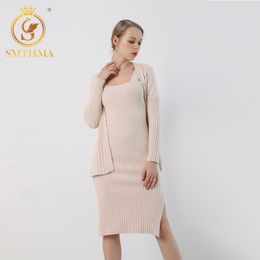 High quality winter Women's Casual Long Sleeved Cardigan + Suspenders Sweater Vest Dress Two Piece Runway 2 piece Suit 210520