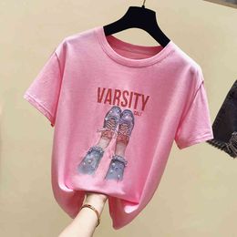 Women Summer Casual Short Sleeves Sequined And Print O Neck Cotton T-Shirt Students Pullover Tee Tops A1210 210428