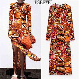 Dress Women Print Long es Woman Summer Vintage Sleeve Midi Side Slit Elegant Women's es 210519