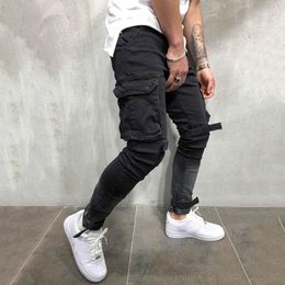 QNPQYX European and American men's jeans overalls Slim dimensional pocket zipper feet pants youth denim trousers